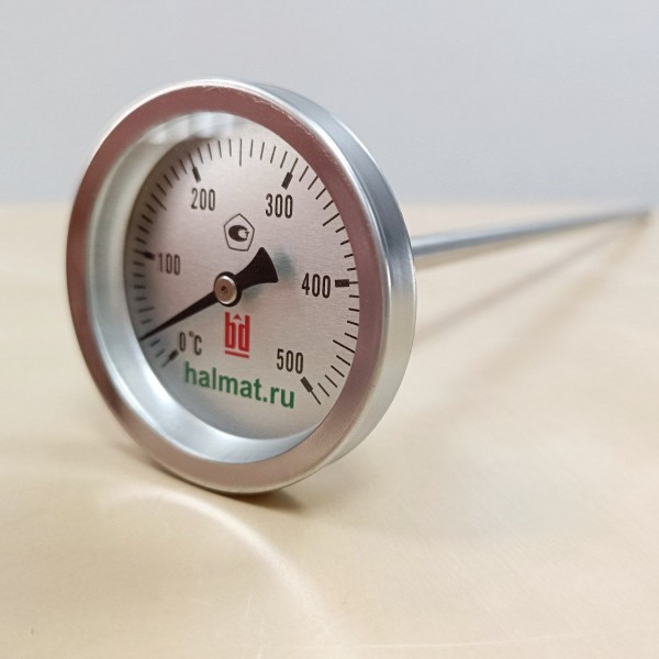 Биметаллический термометр HALMAT для печи / камина до 500°C (длина штока 500 мм)